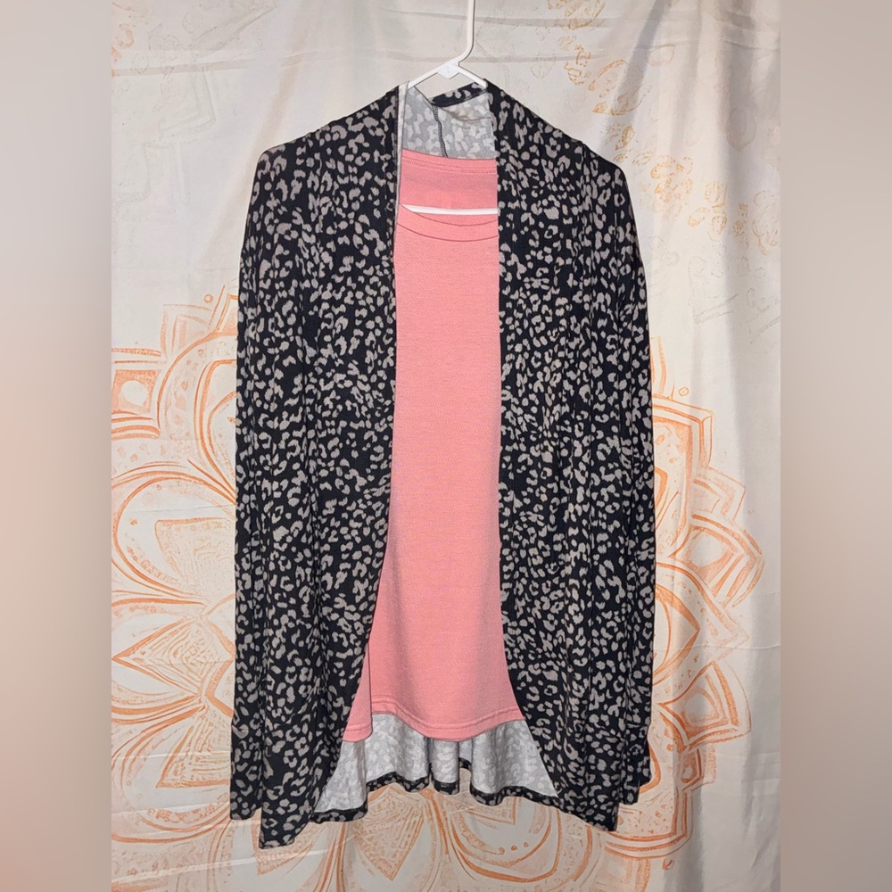Maurices Black and Cream Leopard Cardigan with Pink Tee